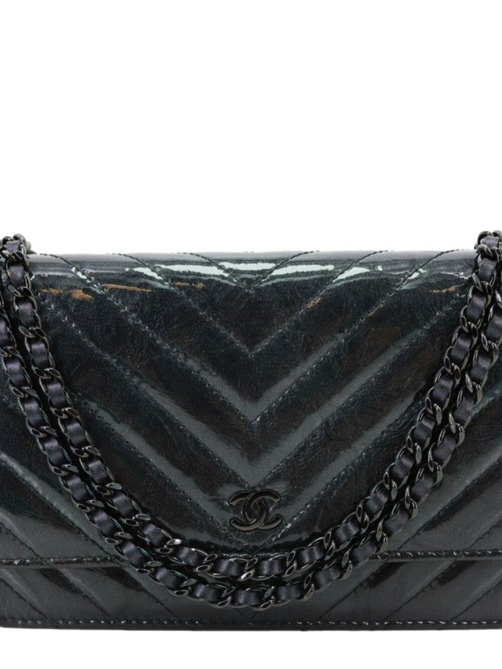 Chanel  CC WOC Crumpled Chevron Calfskin Metallic Leather Wallet On Chain Black